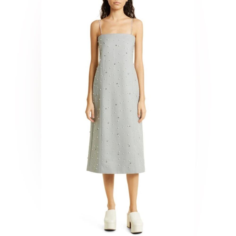 STINE GOYA Aly Wool Blend Beaded Rhinestone Gray Midi Dress M